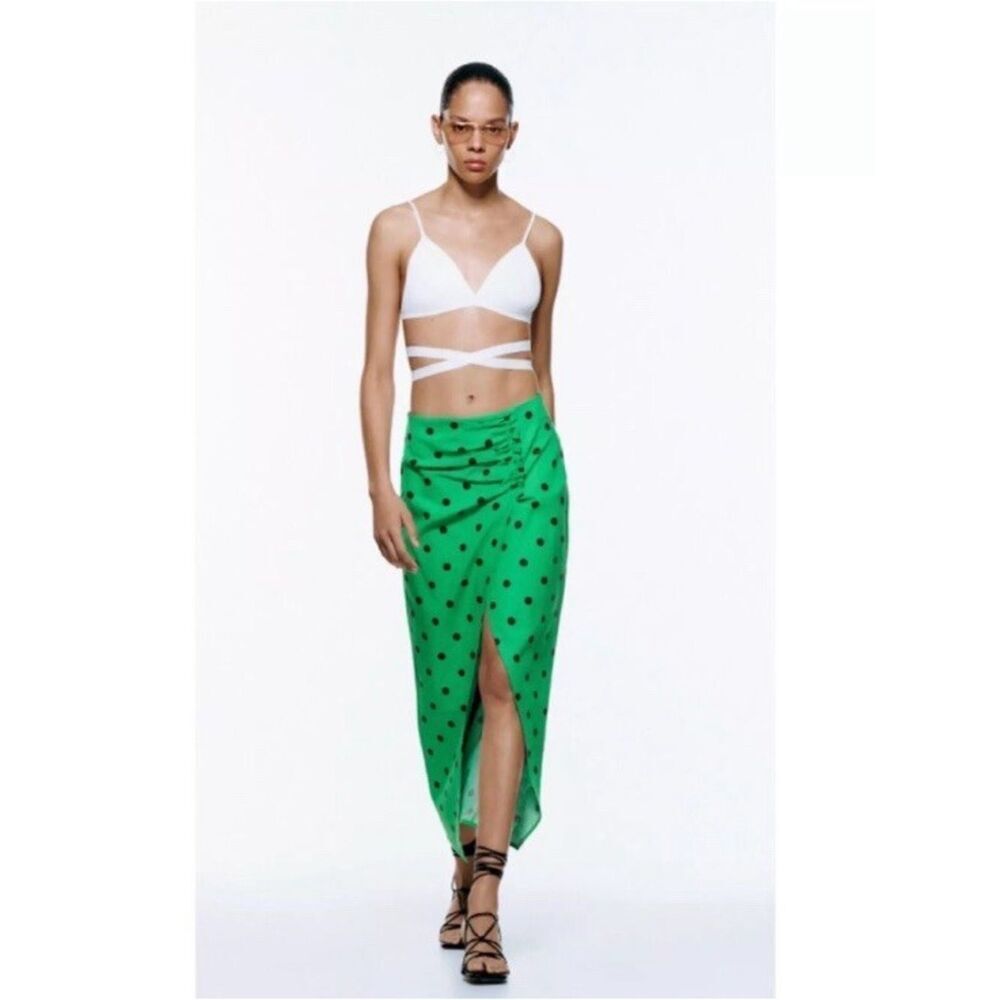 Zara Green Polka Dot Ruched Front Midi Skirt